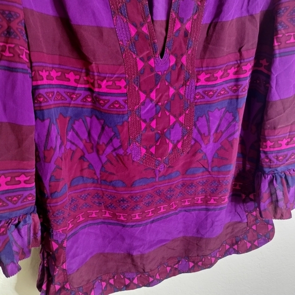 Tory Burch Silk Geometric Print Ruffle High V Neck 3/4 Tunic Blouse Top Sz 6 - Picture 4 of 12